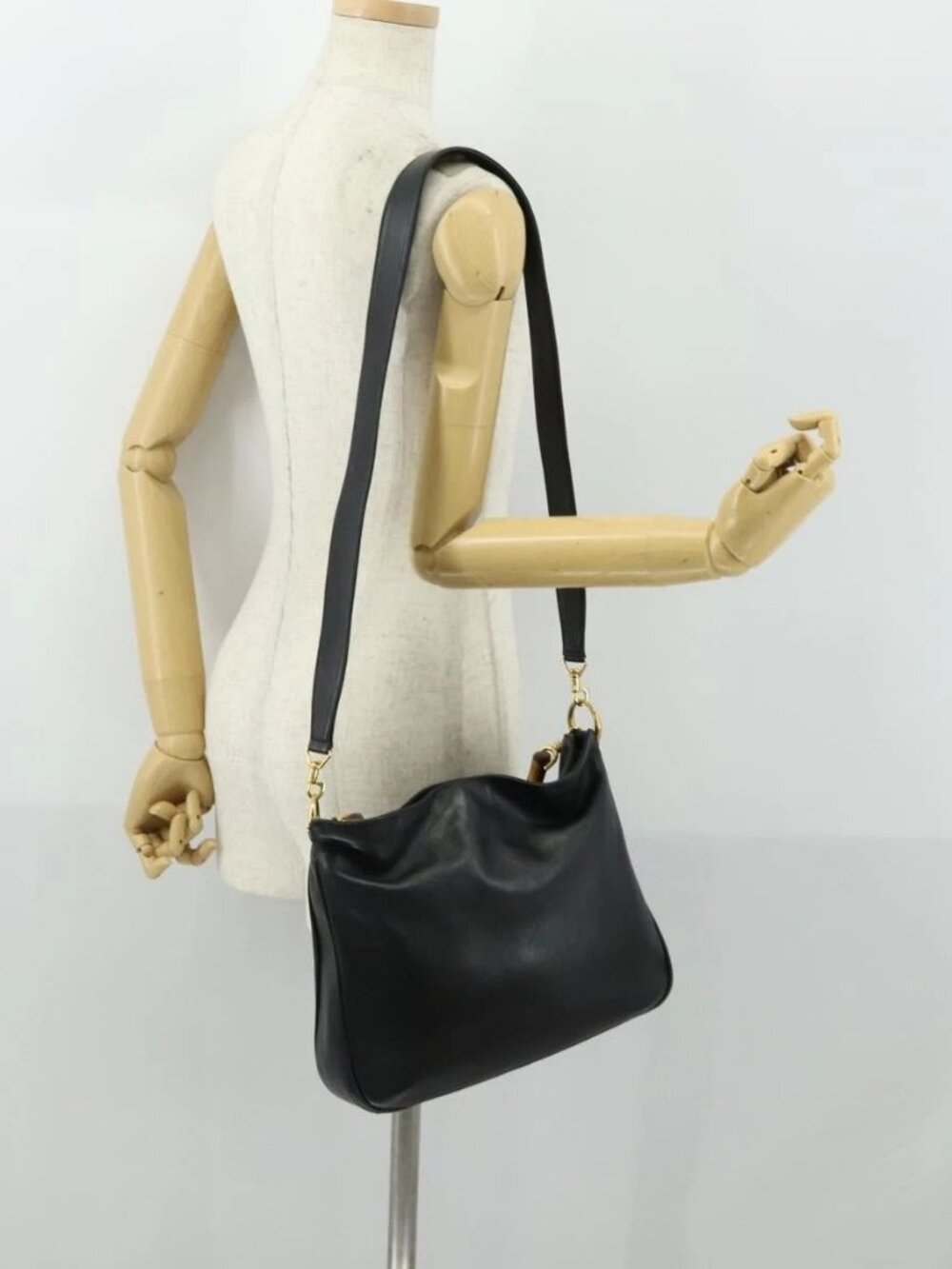 GUCCI Bamboo Hand Bag Leather 2way Black Gold 001 1705 1638 Auth 161722